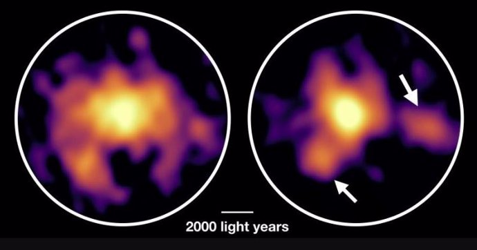 Esta imagen muestra un ejemplo de galaxias con explosión estelar que forman alrededor de mil estrellas por año en el momento de la observación. Esta fase es muy probablemente la fase de formación de galaxias masivas en el universo temprano, como C1-2315