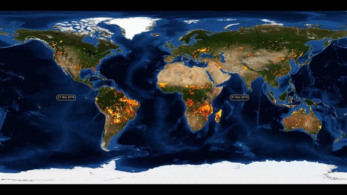 Animación de la actividad de incendios a escala mundial el 18 de septiembre de este 2020 que muestra el alto poder de radiación de los incendios forestales del oeste de Estados Unidos