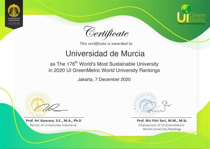Certificado del ranking 'GreenMetric'