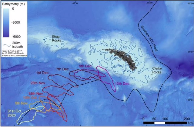 Los expertos en cartografía de British Antarctic Survey están rastreando la ruta del iceberg desde un satélite.