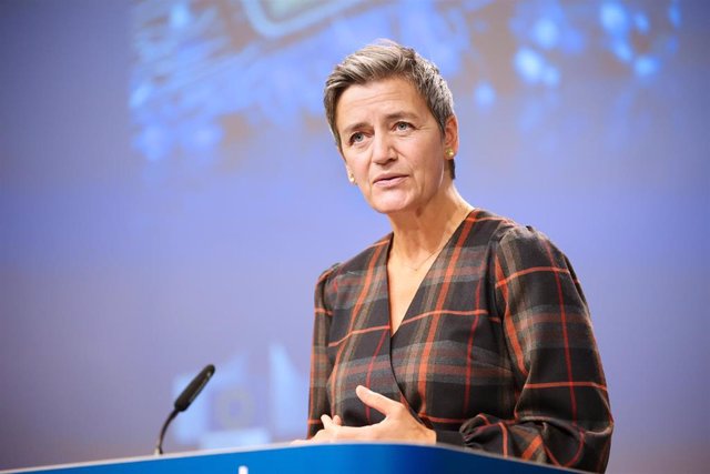 HANDOUT - 07 October 2020, Belgium, Brussels: Executive Vice President of the European Commission Margrethe Vestager speaks during an online press conference at the European Commission headquarters. Photo: Claudio Centonze/European Commission/dpa - ATTE