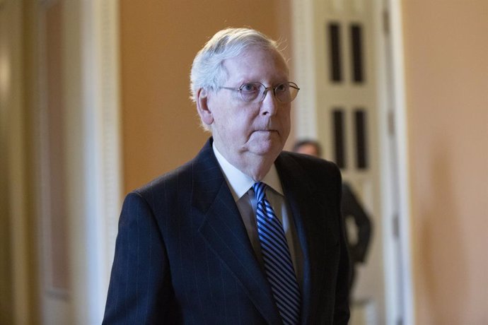 3/23/2020 - Washington, District of Columbia, United States of America: United States Senate Majority Leader Mitch McConnell (Republican of Kentucky) walks to his office following a cloture vote on a Coronavirus Stimulus Package at the United States Cap