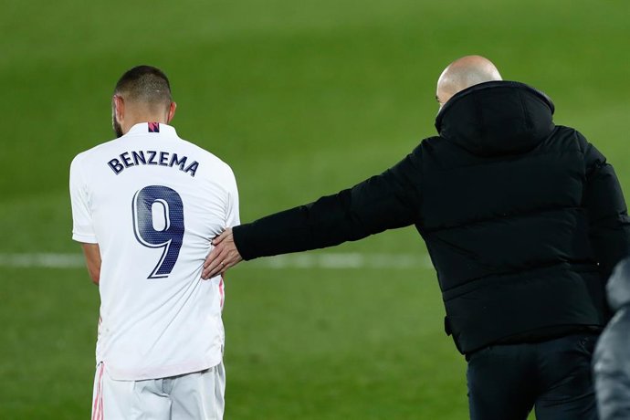 Karim Benzema of Real Madrid celebrates a goal with Zinedine Zidane, head coach of Real Madrid, during the spanish league, La Liga, football match played between Real Madrid and Athletic Club de Bilbao at Alfredo di Stefano stadium on december 15, 2020,
