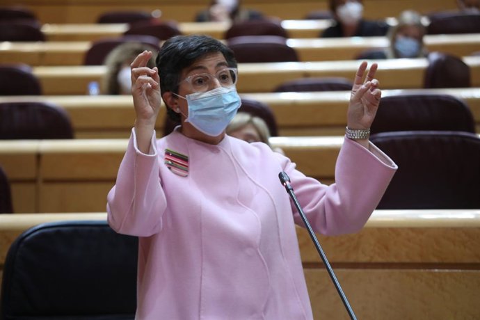 La ministra de Asuntos Exteriores, Unión Europea y Cooperación, Arancha González Laya, interviene durante una sesión de control al Gobierno en el Senado, en Madrid (España), a 3 de noviembre de 2020. Durante el pleno de hoy, el Ejecutivo ha respondido a