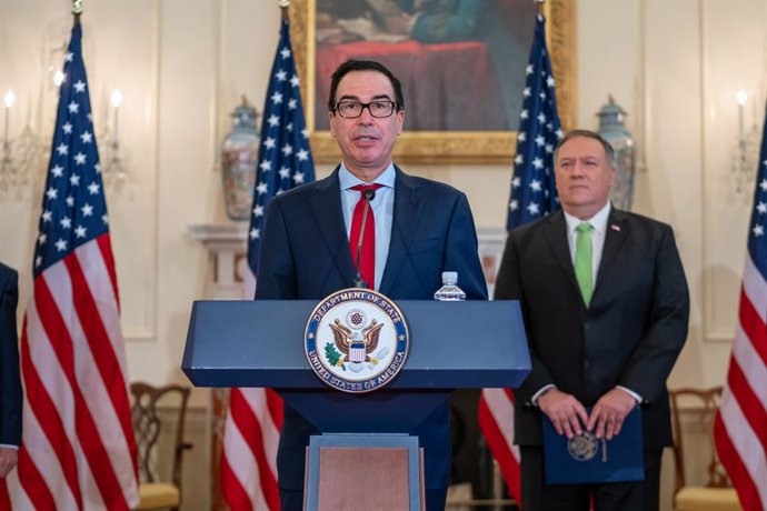 HANDOUT - 21 September 2020, US, Washington: USSecretary of the Treasury Steven Mnuchin delivers remarks to the media regarding a raft of new sanctions on Iran, including on its Defence Ministry, at the US Department of State. Photo: Ron Przysucha/US D