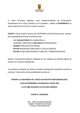 Bando del alcalde de El Guijo llamando al autoconfinamiento voluntario de los vecinos ante el Covid.