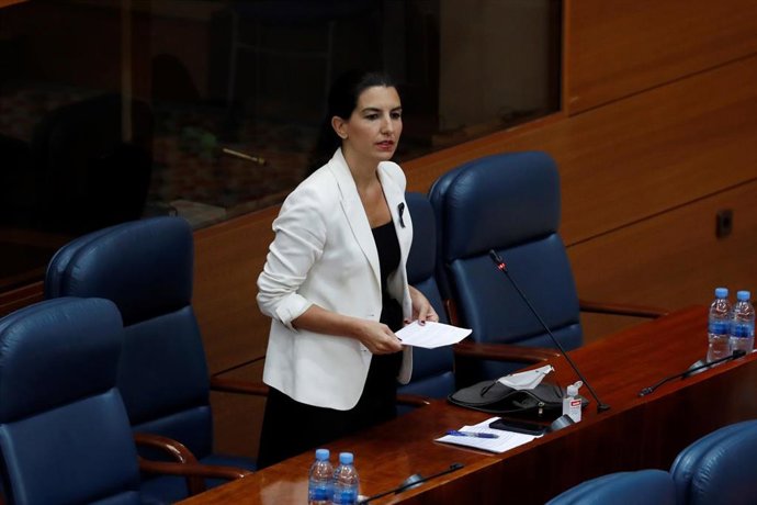La portavoz de Vox, Rocío Monasterio, durante su intervención en el pleno celebrado este jueves en la Asamblea de Madrid, en una sesión marcada por la petición de la Comunidad de Madrid de avanzar a la fase 1 de la desescalada. En Madrid, (España), a 21