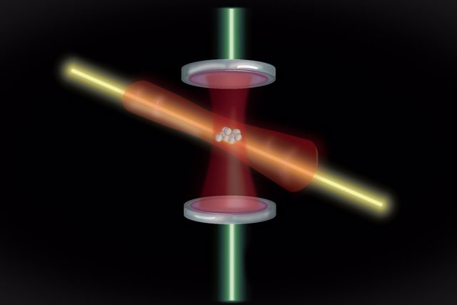 Los átomos están atrapados en una cavidad óptica compuesta por dos espejos. Cuando se coloca un láser de "compresión" a través de la cavidad, los átomos se entrelazan y su frecuencia se mide con un segundo láser, como plataforma para relojes atómicos más