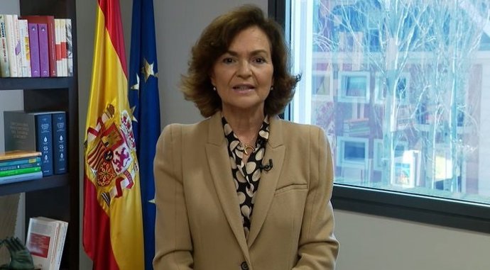 La vicepresidenta, Carmen Calvo, en la inauguración del foro Santander WomenNOW RESET.