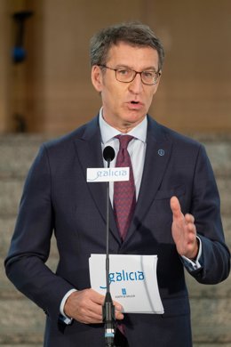 Feijóo, en su intervención ante los medios este miércoles.