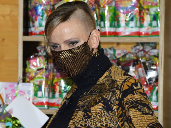 Princess Charlene of Monaco attends the Christmas gift distribution on December 16, 2020 in Monaco, Monaco.