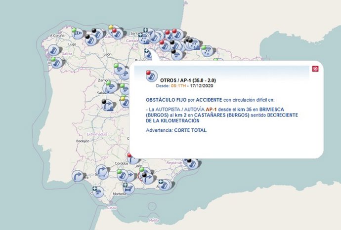 Mapa elaborado por la DGT con información sobre el corte de tráfico en la AP-1