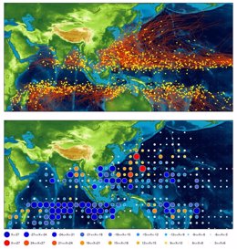 Arriba se muestran las localizaciones de la génesis de ciclones tropicales y sus trayectorias según las condiciones actuales. Abajo, se simulan cambios en la densidad de ciclones con el doble de CO2 en la atmósfera