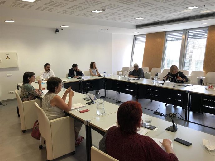 Fotografía de la mesa de expertos que ha repensado el modelo de residencias y atención a las personas en Catalunya, con el conseller de Trabajo, Asuntos Sociales y Familias, Chakir el Homrani (centro) , el 26 de junio del 2020.