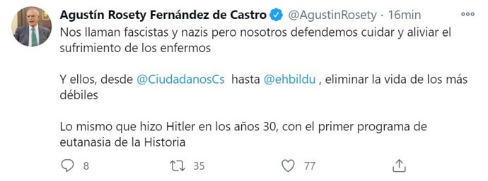 Imagen del tweet del diputado de Vox Agustín Rosety sobre la eutanasia