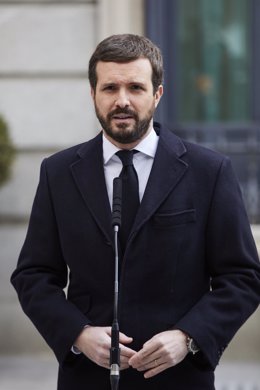 El presidente del PP, Pablo Casado, interviene durante el acto institucional por el Día de la Constitución en el Congreso de los Diputados, en Madrid (España), a 6 de diciembre de 2020.