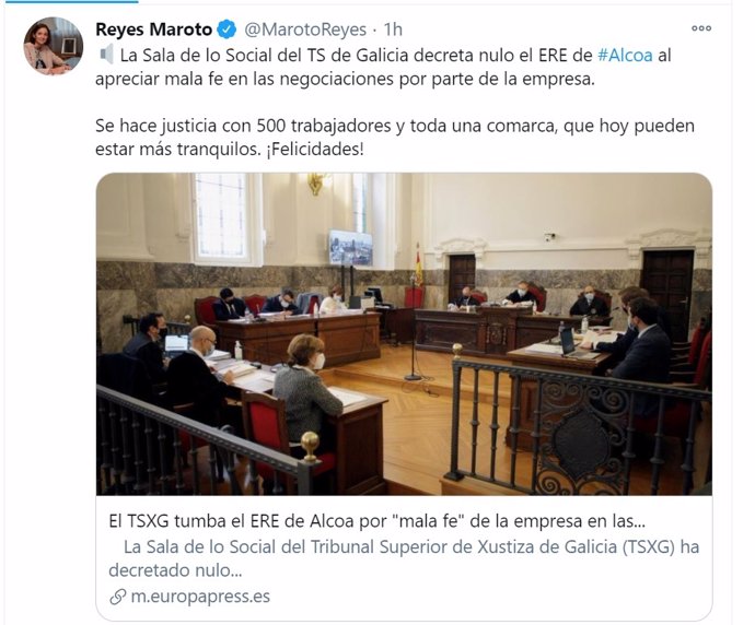 Tuit de Reyes Maroto tras el fallo de Alcoa