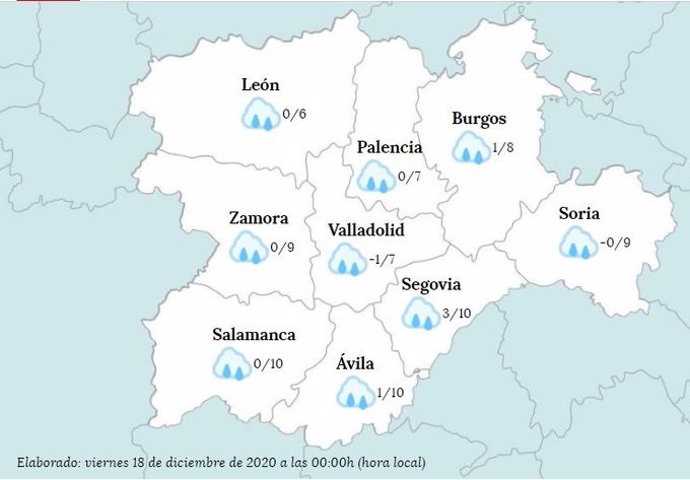 Mapa facilitado por el Servicio de Emergencias de Castilla y León 112 sobre las mínimas en CyL