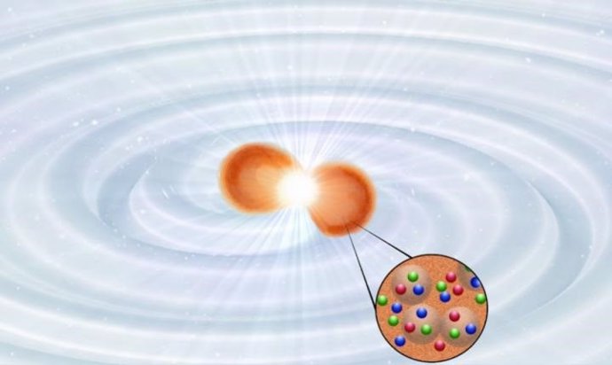 Colisión de dos estrellas de neutrones que muestran las emisiones de ondas electromagnéticas y gravitacionales durante el proceso de fusión.