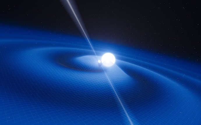 Impresión artística del pulsar PSR J0348 + 0432 y su compañera enana blanca