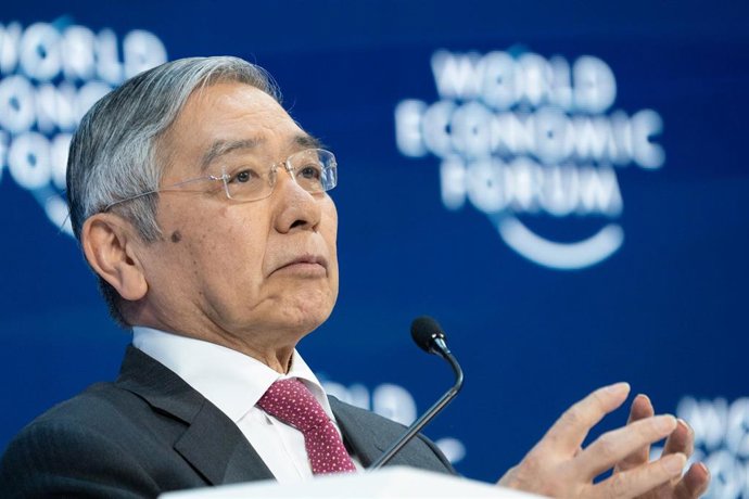 HANDOUT - 24 January 2020, Switzerland, Davos: Haruhiko Kuroda, Governor of the Bank of Japan, speaks during the Global Economic Outlook session at the 50th World Economic Forum annual meeting. Photo: Greg Beadle/World Economic Forum/dpa - ATTENTION: ed