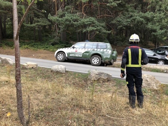Imagen de un vehículo de agentes forestales de la Comunidad de Madrid en la zona de Las Dehesas de Cercedilla, donde se ha localizado el vehículo de Blanca Fernández Ochoa.