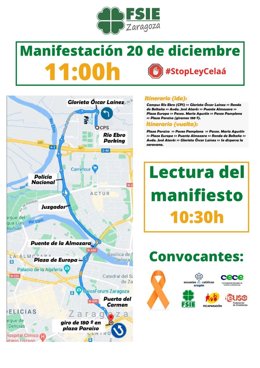 Convocatoria y recorrido de la manifestación de la escuela concertada para el 20 de diciembre en Zaragoza.
