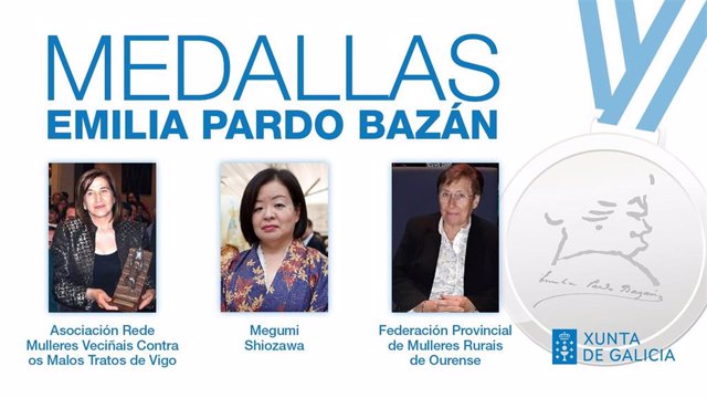 Medallas Emilia Pardo Bazán del 2020: la Asociación Rede Mulleres Vecinais contra os Malos Tratos de Vigo; Megumi Shiozawa (expresidenta de la Casa Galicia Japón) y la Federación Provincial de Mulleres Rurais de Ourense.