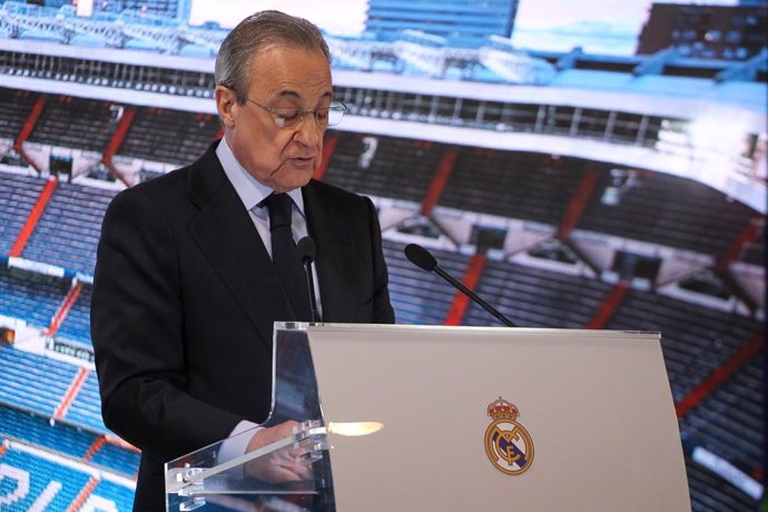 MADRID, SPAIN - JANUARY 18: Florentino Perez, president of Real Madrid during Reinier Jesus Carvalho presentation as a new Real Madrid CF player at Santiago Bernabéu on January 18, 2020 in Madrid, Spain.