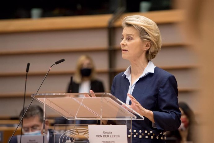 HANDOUT - 16 December 2020, Belgium, Brussels: EU Commission President Ursula von der Leyen addresses European lawmakers during a plenary session of the European Parliament. Photo: Etienne Ansotte/European Commission/dpa - ATTENTION: editorial use only 