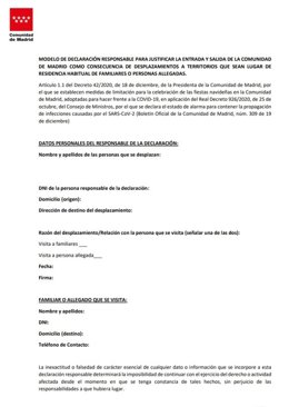 Comunidad de Madrid lanza un sencillo salvoconducto para salir de Madrid donde incluir los datos de familiar o allegado a visitar