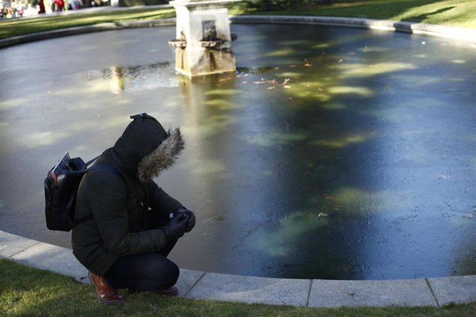 Un joven se para junto al lago helado del Pabellón de Villanueva del Real Jardín Botánico. 