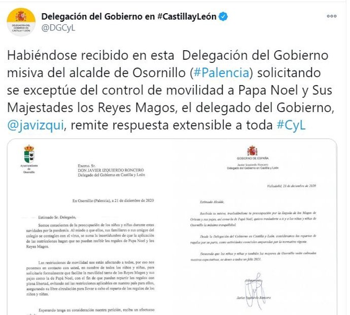 Mensaje de la Delegación del Gobierno en Castilla y León sobre la movilidad de Papá Noel y los Reyes Magos.