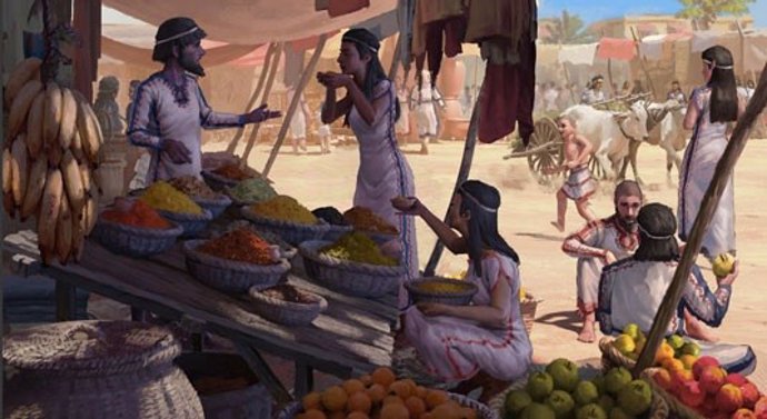 Escena del mercado de la Edad de Bronce en el Levante.