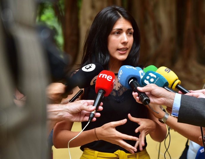 La diputada de Unides Podem, Naiara Davó, atiende a los medios de comunicación tras recoger su acta de diputada en Les Corts Valencianes.