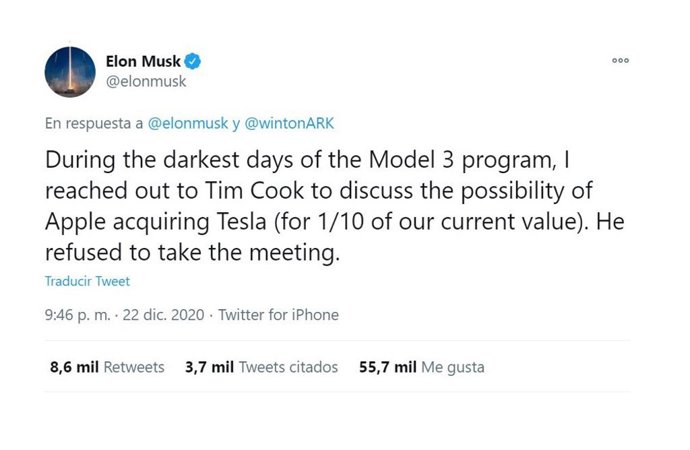 Captura del twit de Elon Musk.