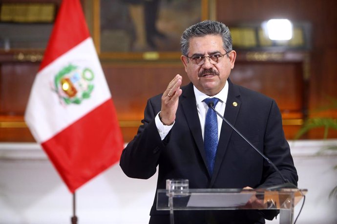 El expresidente de Perú, Manuel Merino, durante un discurso cuando ostentaba el cargo.