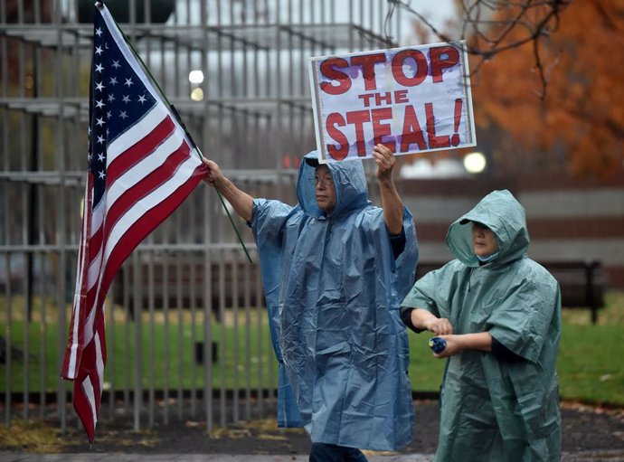 11 November 2020, US, Wilkes-Barre: A protester holds a placard and a US flag during a 'Stop the Steal' protest demanding a recount of votes in Pennsylvania. Photo: Aimee Dilger/SOPA Images via ZUMA Wire/dpa