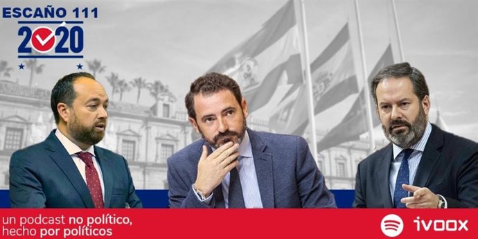 Imagen de los tres parlamentarios del PP  que han lanzado la iniciativa de podcast Escaño 111 en Andalucía