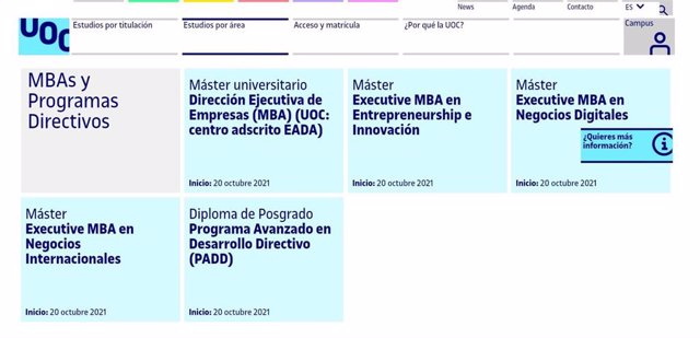 Captura de pantalla con los MBAs y Programas Directivos que oferta la UOC
