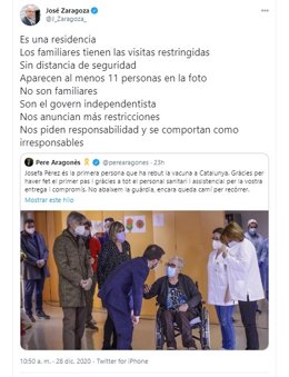 Tuit del soialista José Zaragoza criticando  la foto del Govera con la primera mujer que recibió la vacuna del Covid en Cataluña
