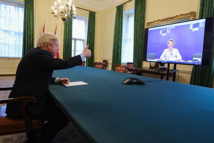  British Prime Minister Boris Johnson gives a thumbs up during a video conference meeting with President of European Commission Ursula von der Leyen