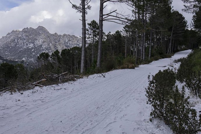 Paisaje nevado en el área de La Pedriza, en el municipio de Manzanares El Real, Madrid (España), a 7 de diciembre de 2020. Este lunes 7 de diciembre la Agencia de Seguridad y Emergencias Madrid 112 ha activado el nivel 0 del Plan de inclemencias Inverna