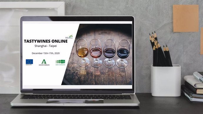 Imagen de la promoción del vino andaluz en el mercado asiático, digital y presencial, por Extenda.