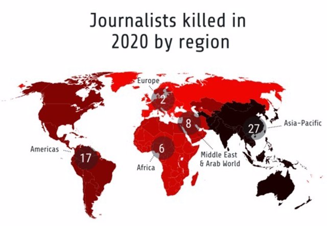 Mapa de periodistas asesinados en 2020, por región