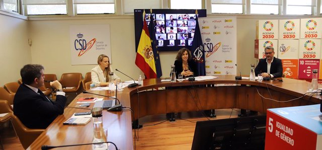 La presidenta del CSD, Irene Lozano, en una reunión telemática con deportistas del Plan ADO
