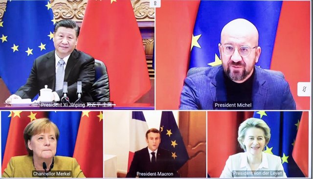 Reunión por videoconferencia celebrada el 30 de diciembre entre Charles Michel, Ursula von der Leyen, Angela Merkel, Emmanuel Macron y Xi Jinping.