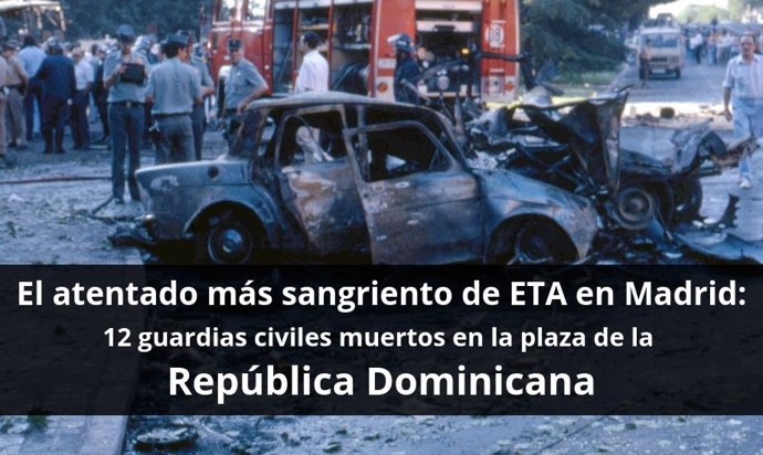 Imagen del atentado de ETA en la plaza de la República Dominicana de Madrid, el más sangriento en la capital de España. 