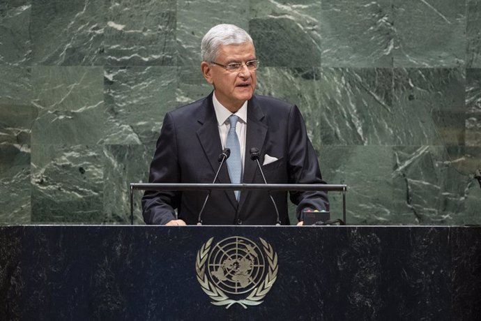 HANDOUT - 22 September 2020, US, New York: President of the UN General Assembly Volkan Bozkir delivers his opening speech of the 75th session of the General Assembly. Photo: Eskinder Debebe/Un Photo/dpa - ATTENTION: editorial use only and only if the cr