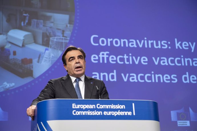 FILED - 15 October 2020, Belgium, Brussels: European Commissioner for Promoting our European Way of Life Margaritis Schinas, speaks during a press conference with Health Commissioner Stella Kyriakides on the Coronavirus EU Vaccination Strategy. Margarit